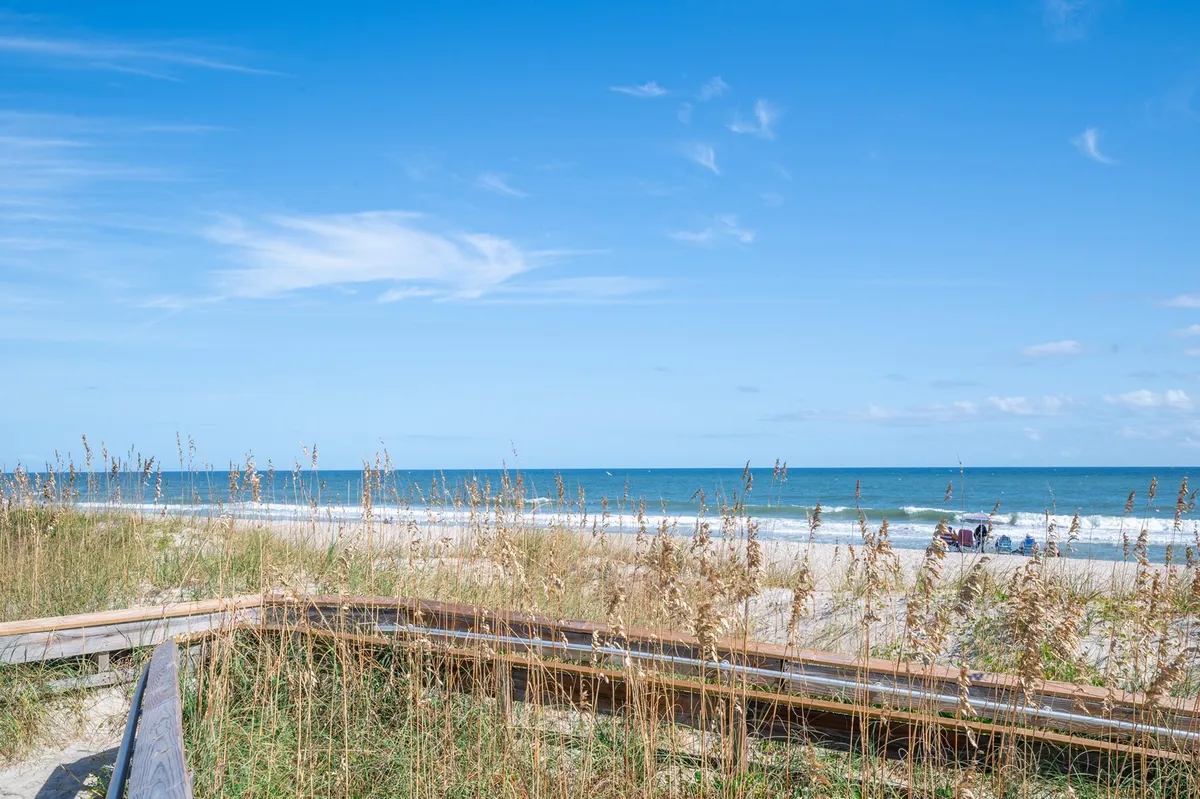 A serene stretch of sandy beach bordered by dune grass, with people sunbathing, swimming, and playing volleyball. The gentle waves of the ocean and the expansive sky evoke a tranquil and welcoming atmosphere.